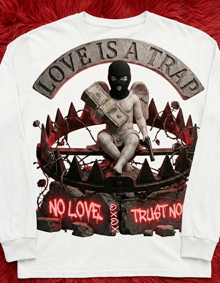 White sweatshirt with graphic design featuring a person in a balaclava, money, and text on a red background