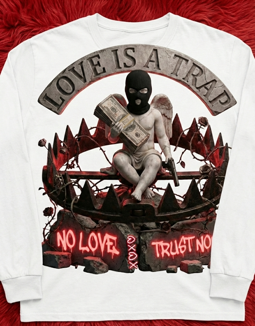 White sweatshirt with graphic design featuring a person in a balaclava, money, and text on a red background