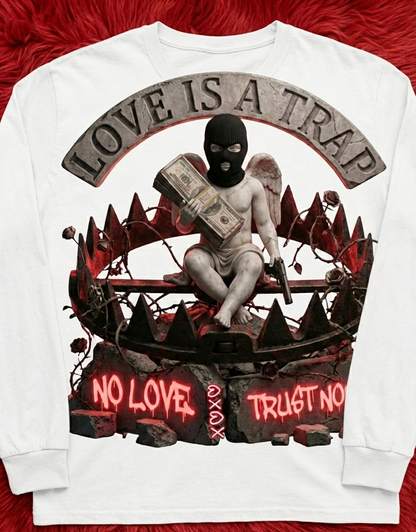 White sweatshirt with graphic design featuring a person in a balaclava, money, and text on a red background