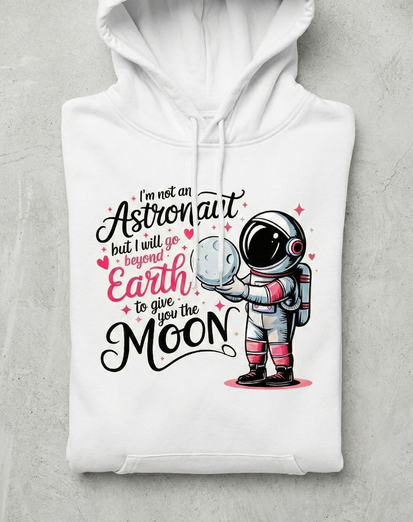 White hoodie with an astronaut graphic and text on a gray background