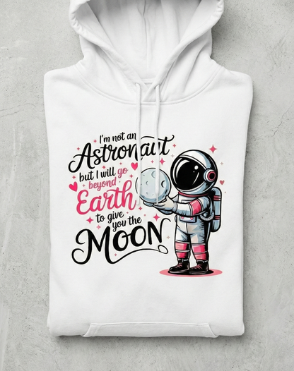White hoodie with an astronaut graphic and text on a gray background