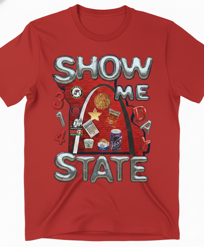 Red t-shirt with 'Show Me A State' graphic design on a white background