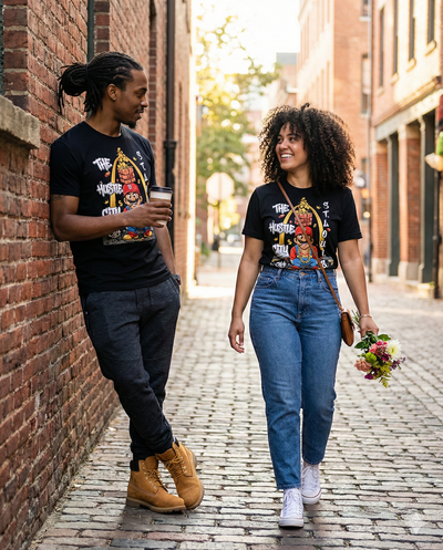 Two people wearing black t-shirts with graphic designs on a brick alleyway.