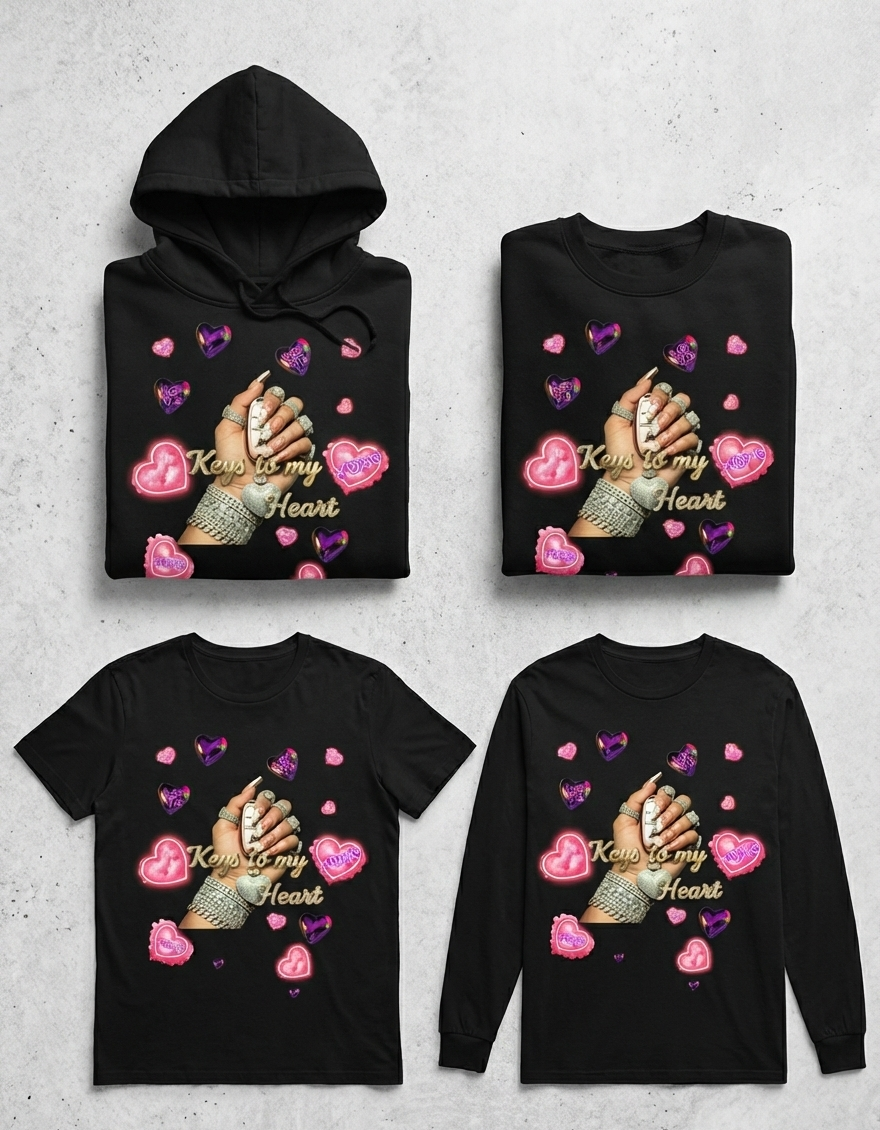 Four black shirts with a design of hands holding hearts and text on a gray background