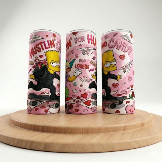 Three cans with cartoon character designs on a wooden stand against a white background