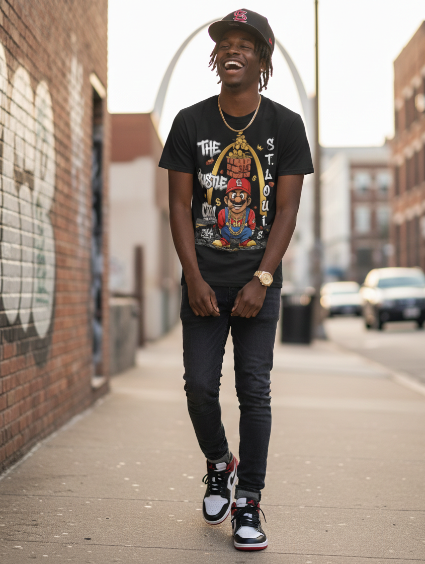 Man wearing a graphic t-shirt and cap walking on a street.