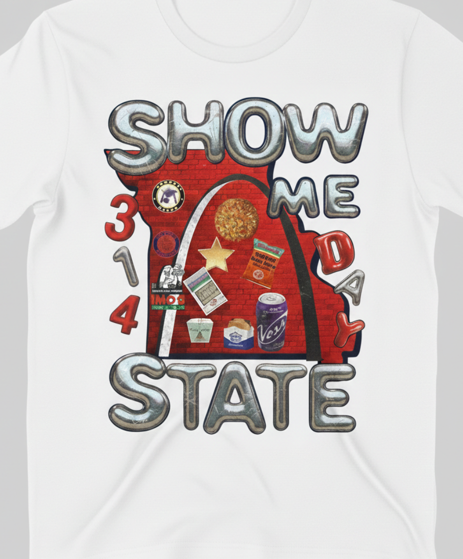White t-shirt with a graphic design featuring a red bag labeled 'Show Me It A State' on a gray background.