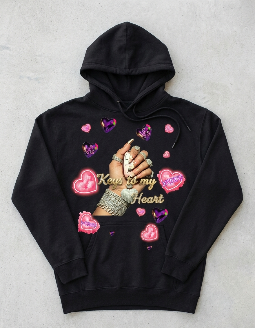 Black hoodie with graphic design of a hand holding keys and hearts on a light gray background