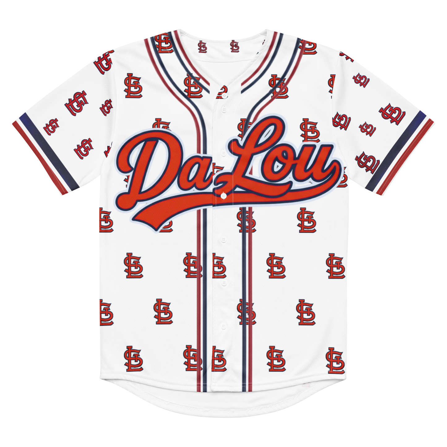 Baseball jersey with 'Da Lou' and logo pattern on a white background