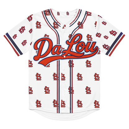 Baseball jersey with 'Da Lou' and logo pattern on a white background