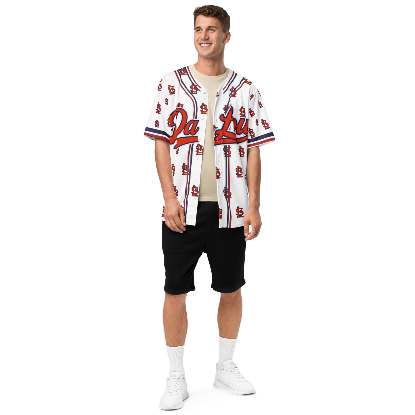 Man wearing a patterned baseball jersey on a white background
