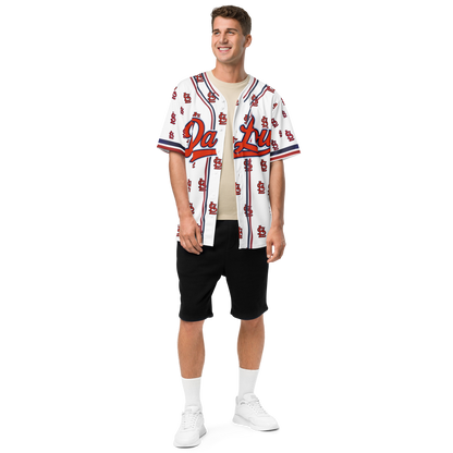 Man wearing a patterned baseball jersey on a white background