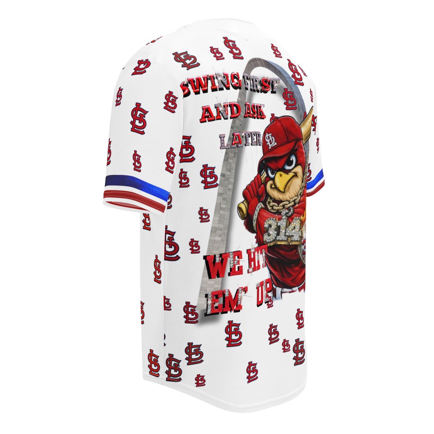 White t-shirt with red and blue graphics and text, featuring a mascot design on a white background.