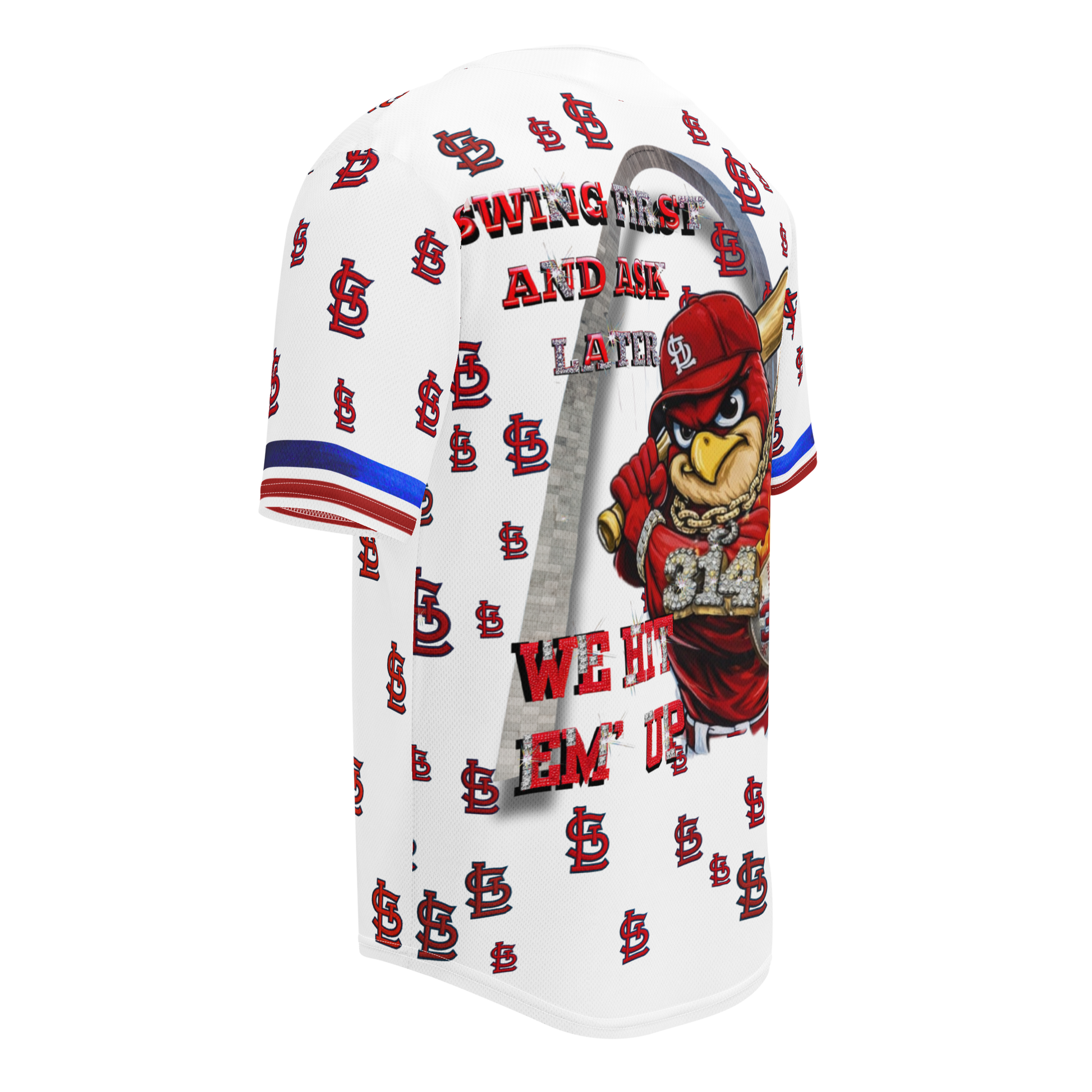 White t-shirt with red and blue graphics and text, featuring a mascot design on a white background.