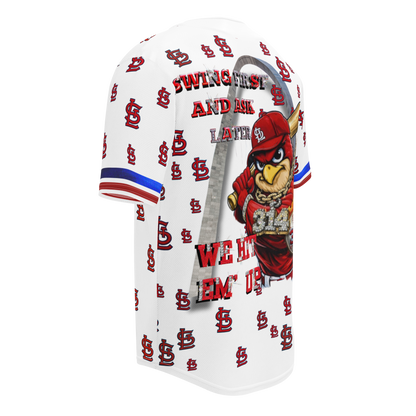 White t-shirt with red and blue graphics and text, featuring a mascot design on a white background.