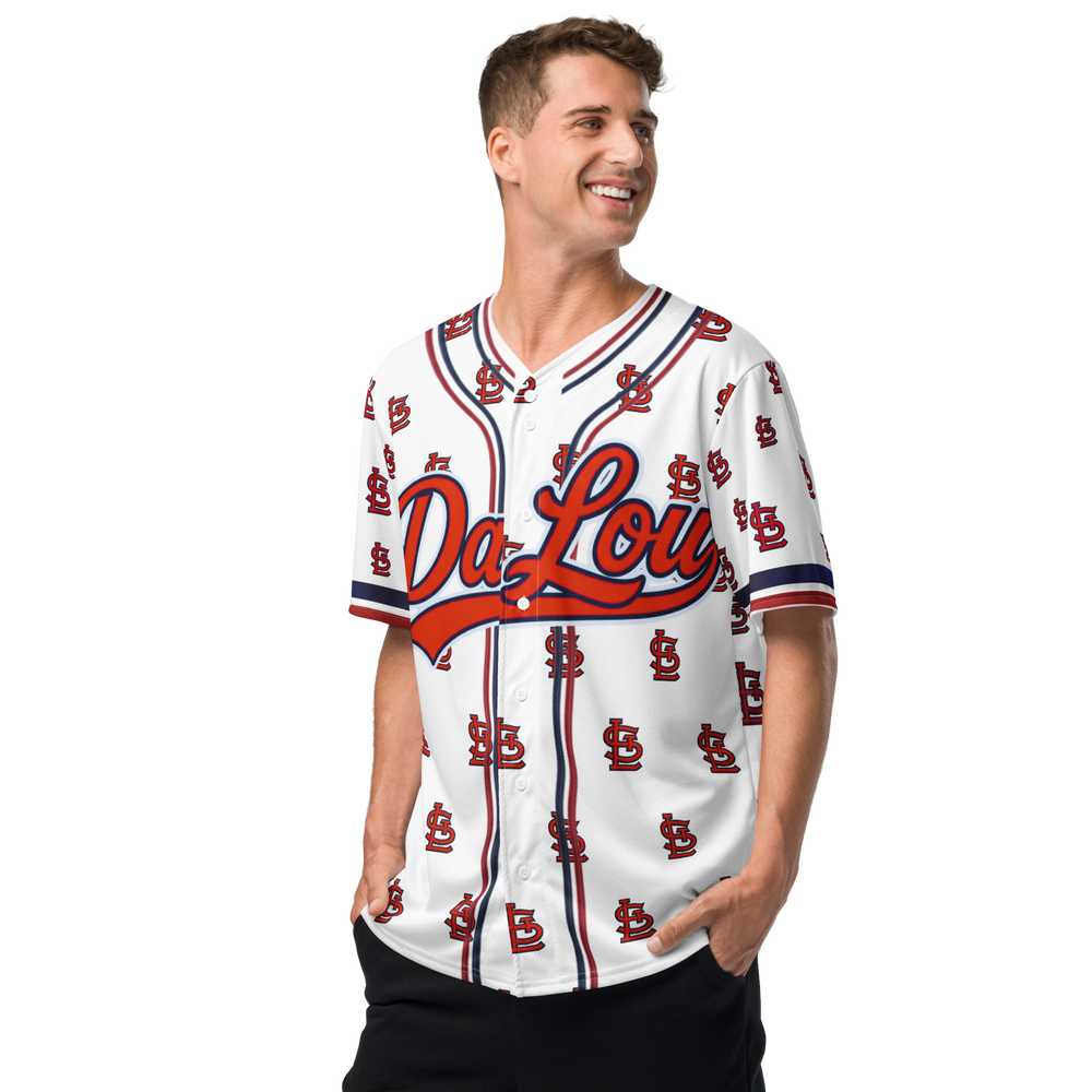 Man wearing a white baseball jersey with red and blue details on a white background