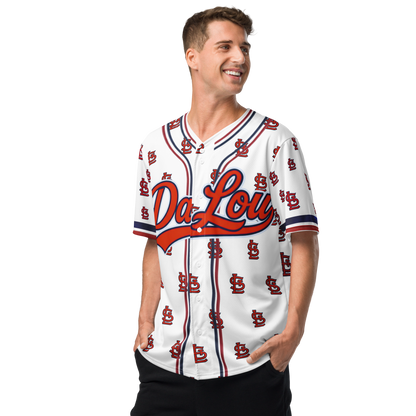 Man wearing a white baseball jersey with red and blue details on a white background