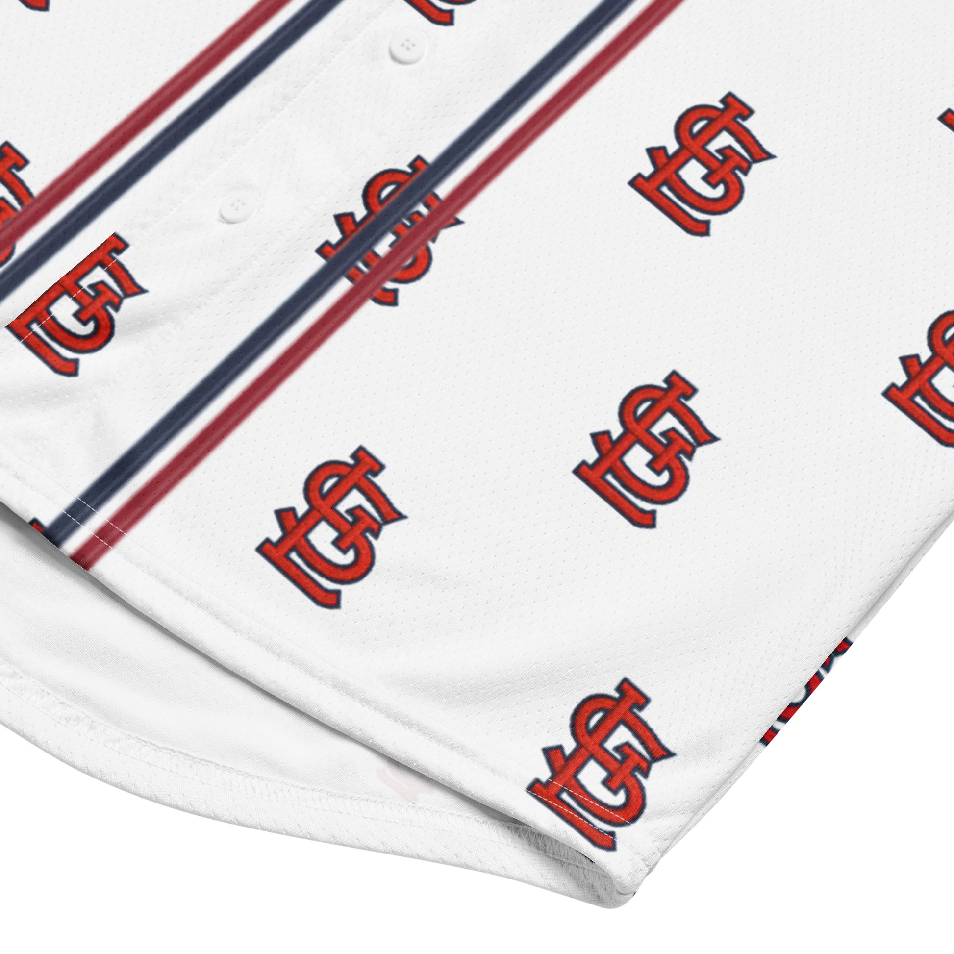 White fabric with red and blue striped pattern and 'TCA' logo.