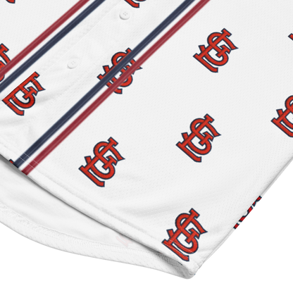 White fabric with red and blue striped pattern and 'TCA' logo.