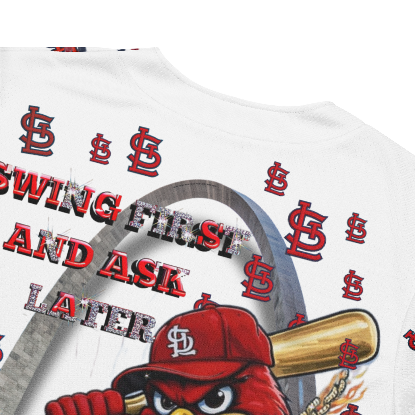 Baseball-themed shirt with red and white design, featuring a bird wearing a cap and holding a bat, and text 'Swing First and Ask Later'.