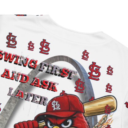 Baseball-themed shirt with red and white design, featuring a bird wearing a cap and holding a bat, and text 'Swing First and Ask Later'.