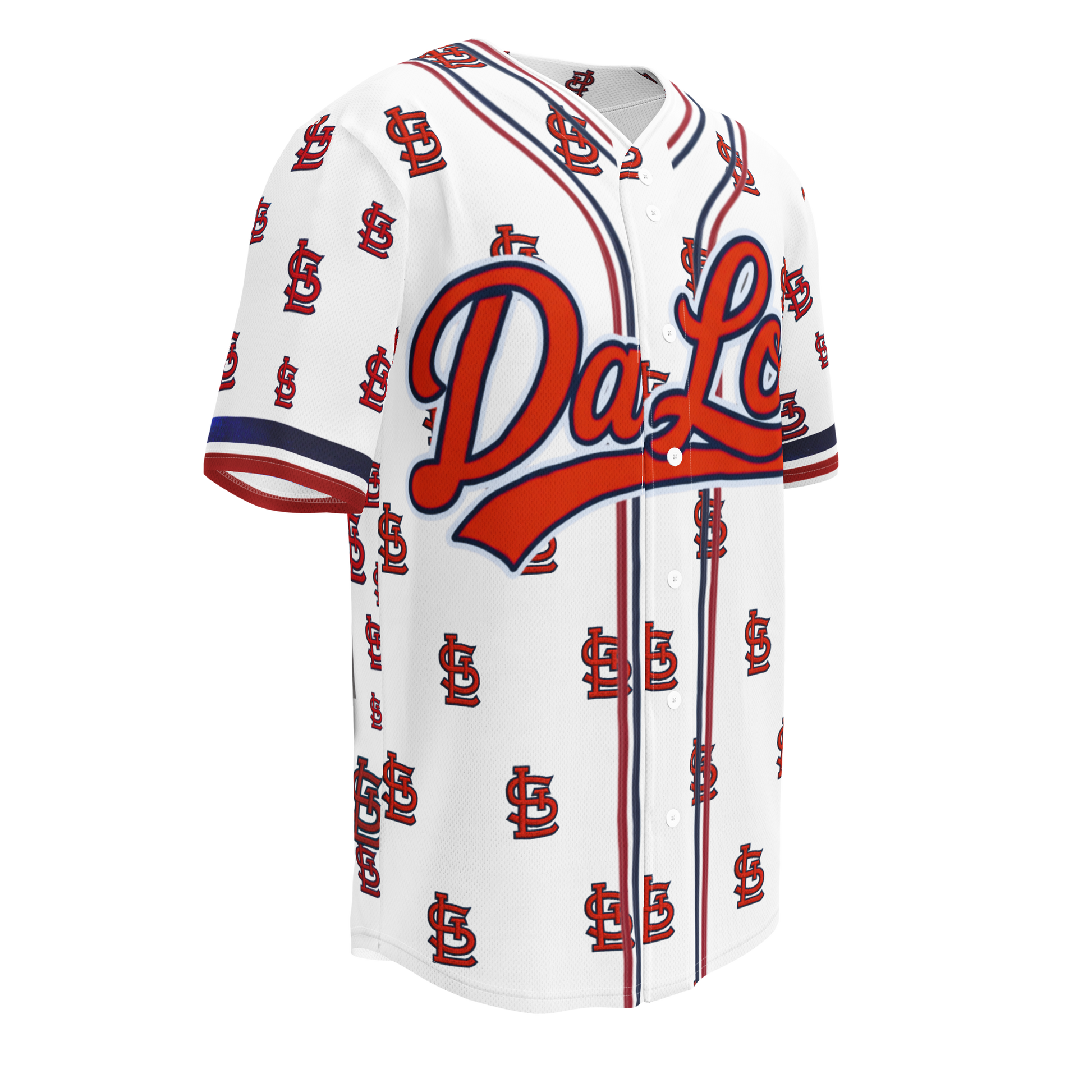 Baseball jersey with red and blue lettering on a white background