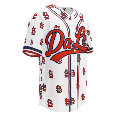 Baseball jersey with red and blue lettering on a white background
