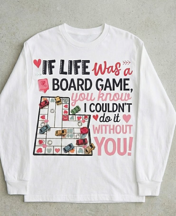 White long-sleeve shirt with a graphic design and text on a gray background