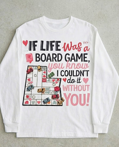White long-sleeve shirt with a graphic design and text on a gray background