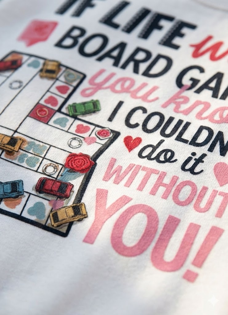 Embroidery design with text 'If life is a board game you know I couldn't do it without you!' and game piece decorations.
