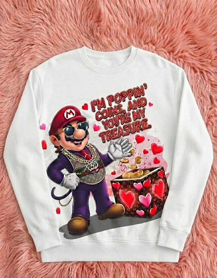 Sweatshirt with a character design and text on a pink fluffy background