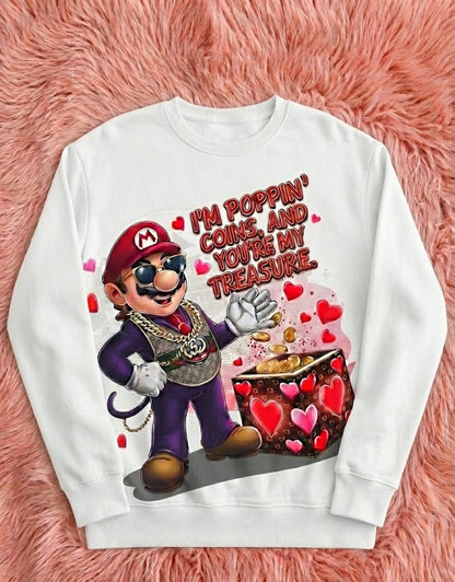 Sweatshirt with a character design and text on a pink fluffy background